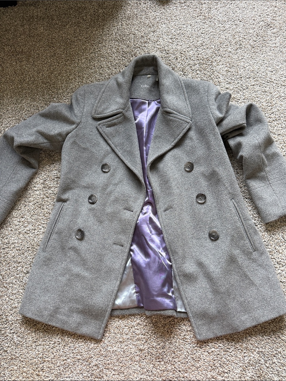 Calvin Klein Light Gray Pea Coat with Purple Lining